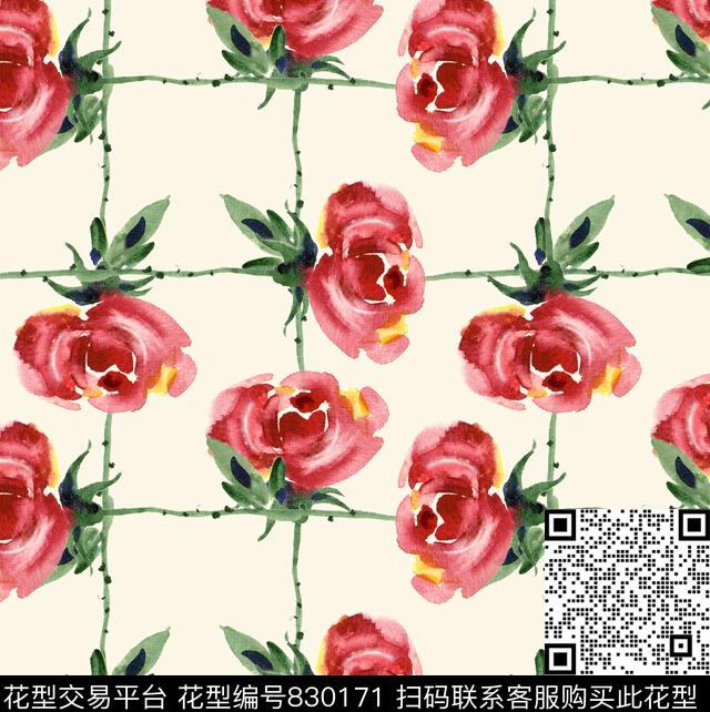 手绘玫瑰花卉数码印花华亿平台下载（图片编号: 830171） - 瓦栏（Walan）