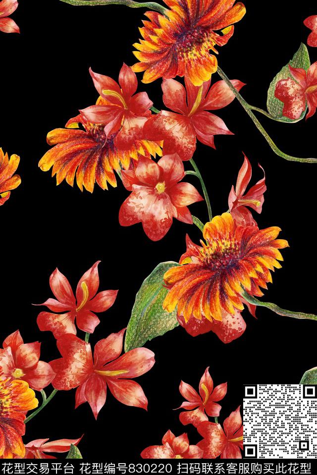 手绘植物花卉数码印花华亿平台下载（图片编号: 830220） - 瓦栏（Walan）