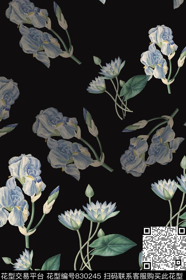 花卉花朵黑底数码印花华亿平台下载（图片编号: 830245） - 瓦栏（Walan）