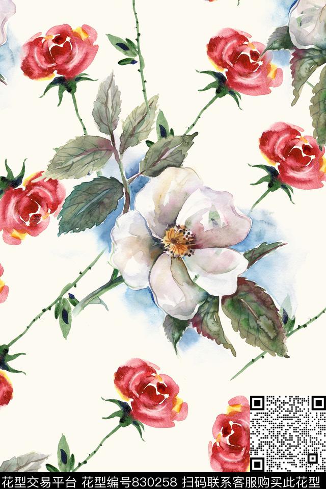 手绘花卉玫瑰数码印花华亿平台下载（图片编号: 830258） - 瓦栏（Walan）