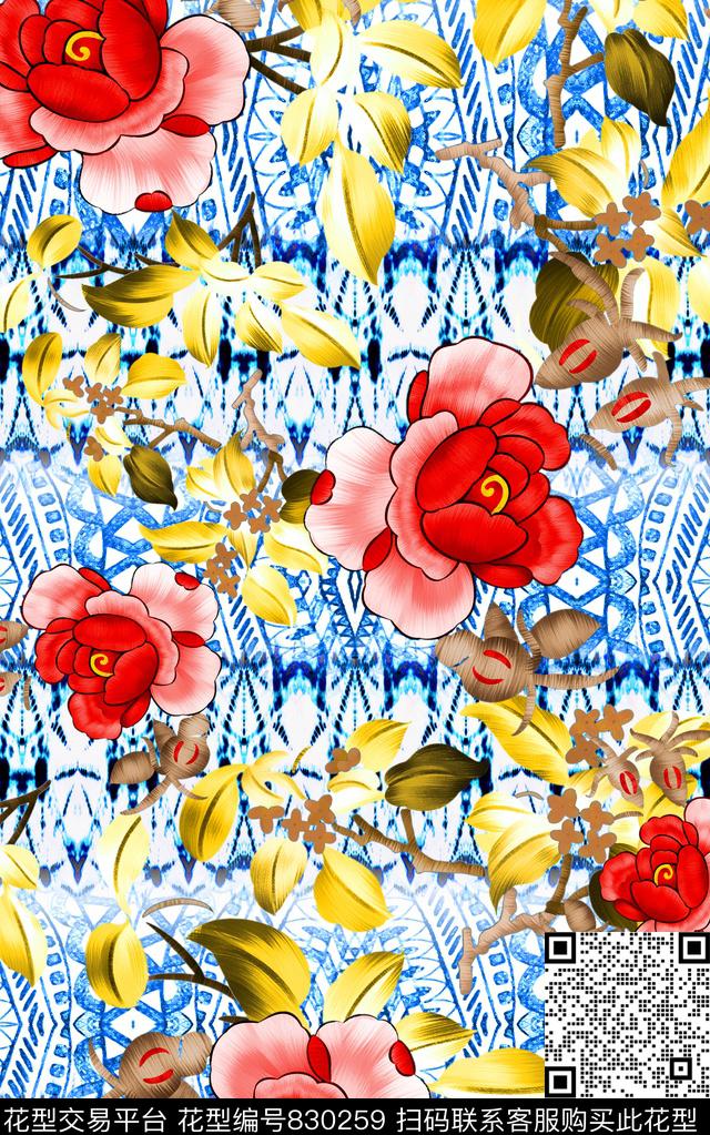 花朵花卉民族风数码印花华亿平台下载（图片编号: 830259） - 瓦栏（Walan）