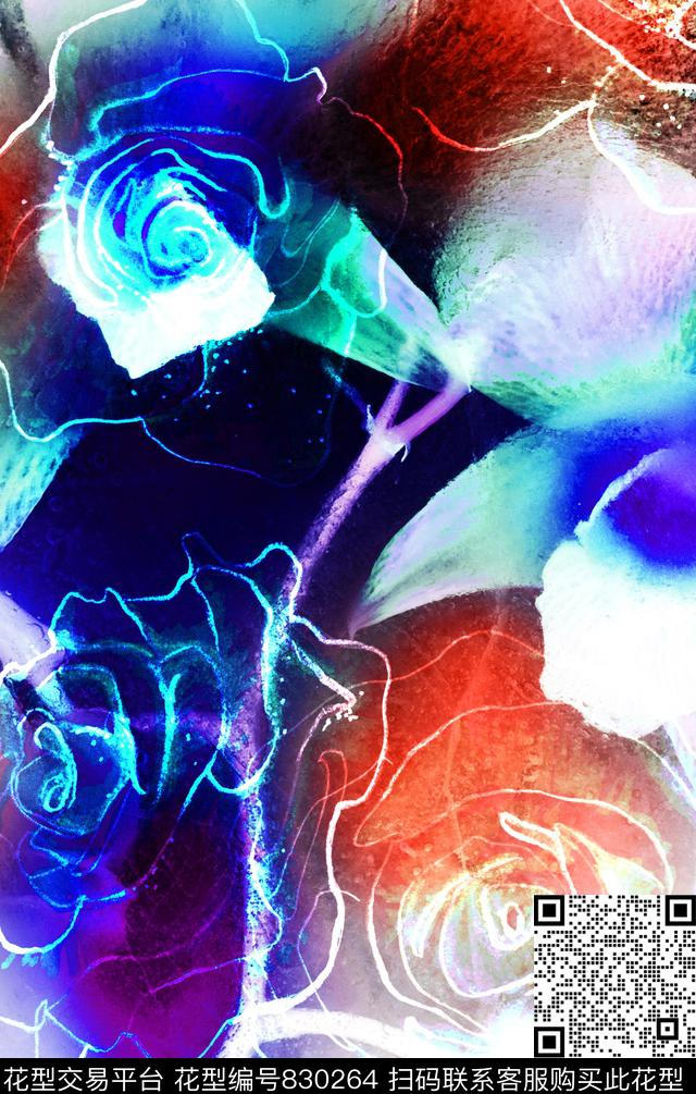 定位手绘花卉数码印花华亿平台下载（图片编号: 830264） - 瓦栏（Walan）