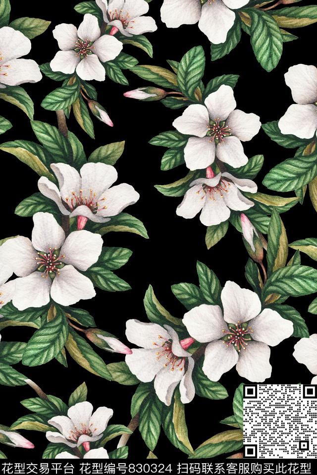 手绘植物绿叶数码印花华亿平台下载（图片编号: 830324） - 瓦栏（Walan）