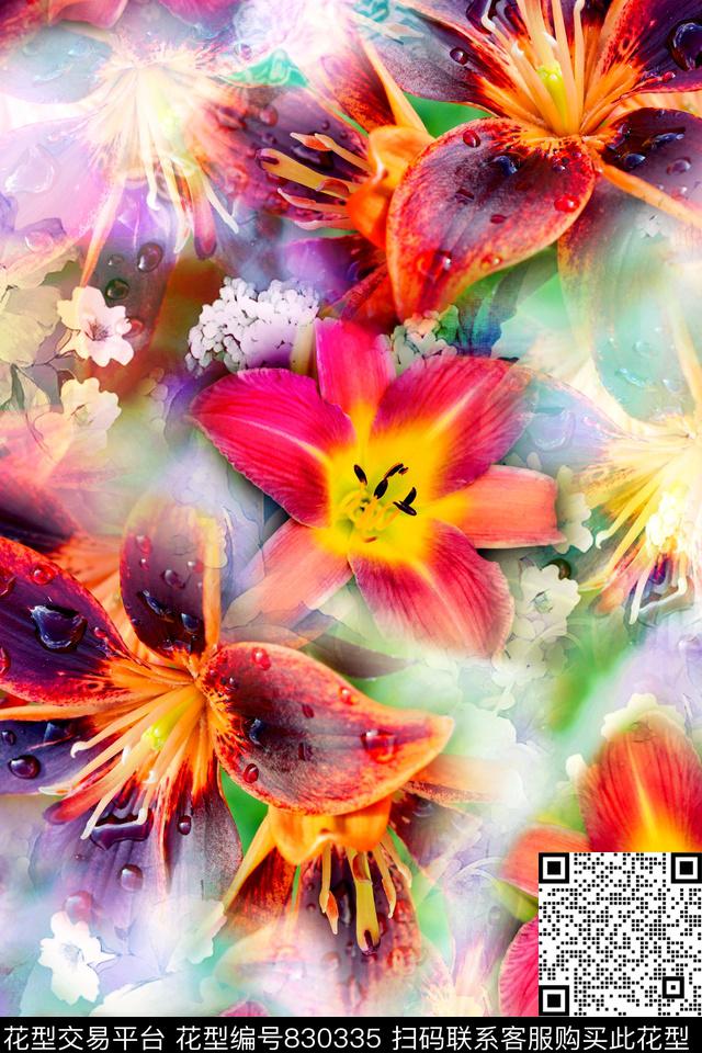 时尚手绘花卉数码印花华亿平台下载（图片编号: 830335） - 瓦栏（Walan）