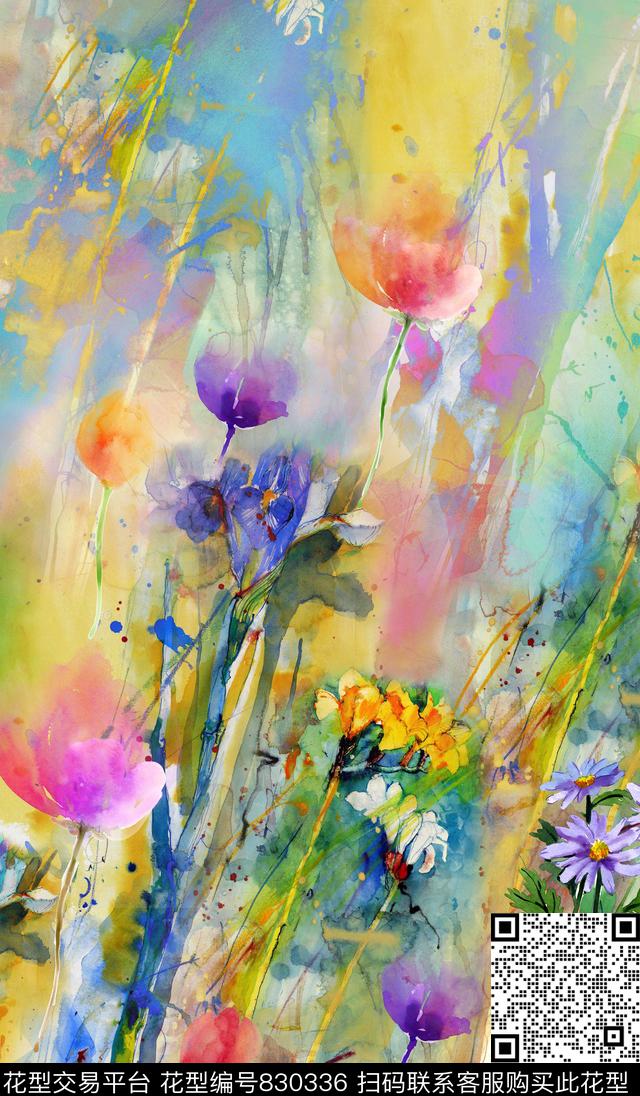 水彩花卉泼墨数码印花华亿平台下载（图片编号: 830336） - 瓦栏（Walan）