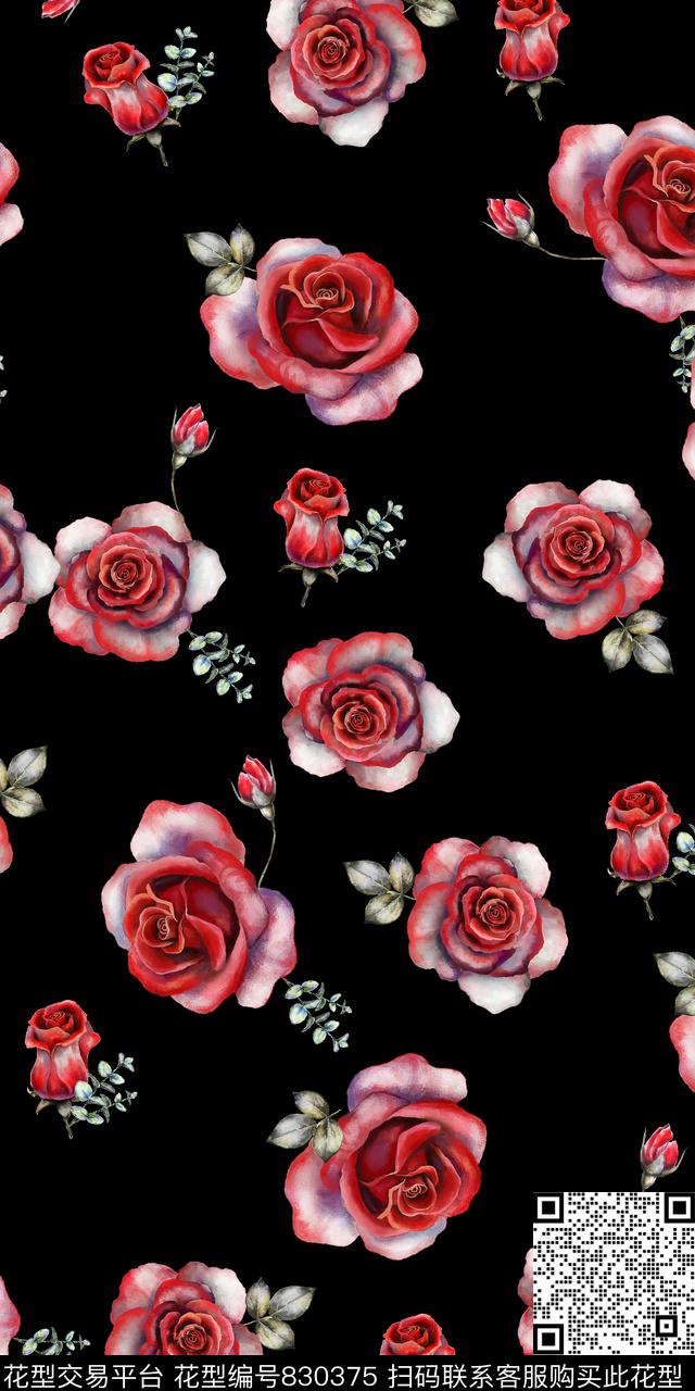 玫瑰花朵花卉数码印花华亿平台下载（图片编号: 830375） - 瓦栏（Walan）