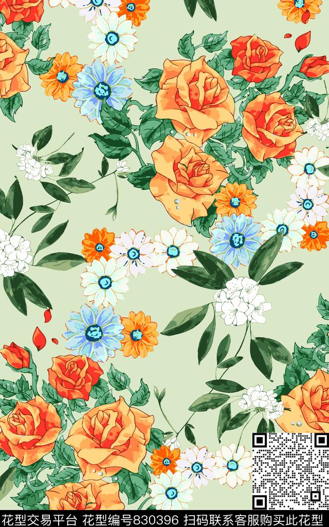 手绘花卉叶子传统印花华亿平台下载（图片编号: 830396） - 瓦栏（Walan）