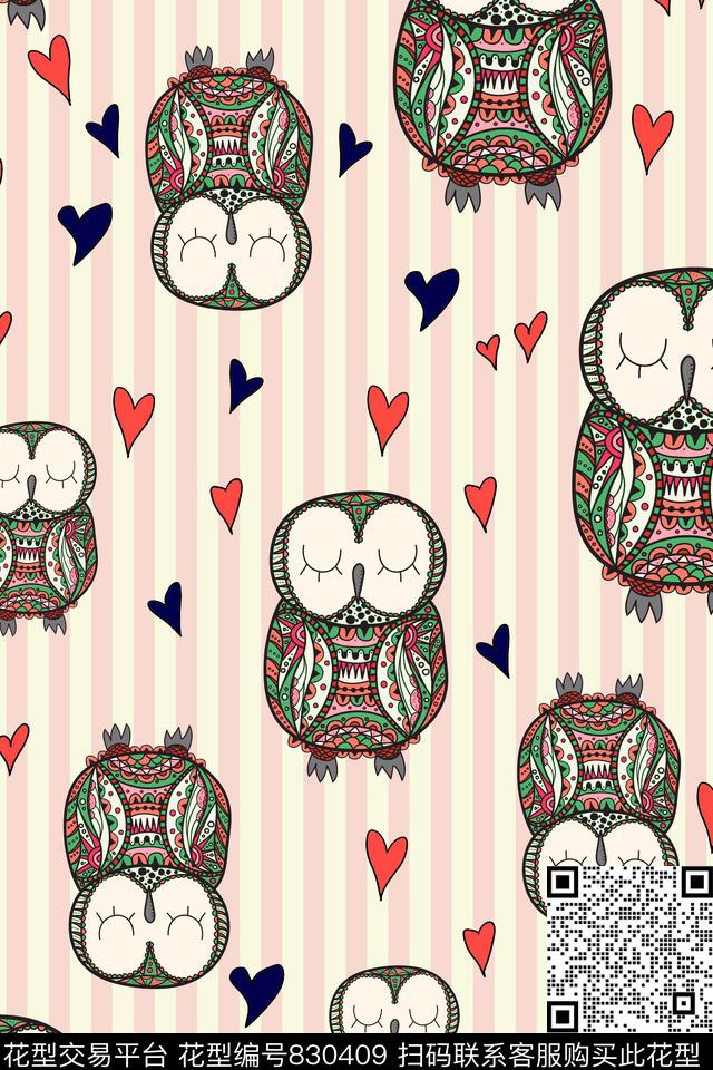 卡通猫头鹰条纹数码印花华亿平台下载（图片编号: 830409） - 瓦栏（Walan）
