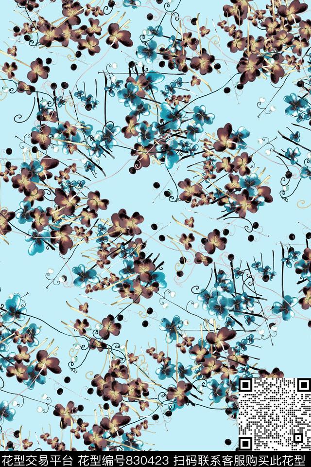 年轻时尚小碎花旗袍数码印花华亿平台下载（图片编号: 830423） - 瓦栏（Walan）