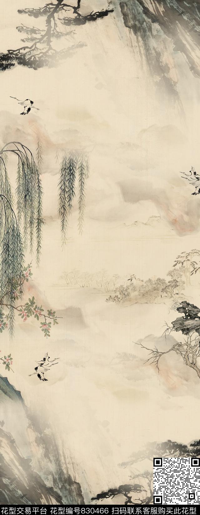 水墨仙鹤山数码印花华亿平台下载（图片编号: 830466） - 瓦栏（Walan）