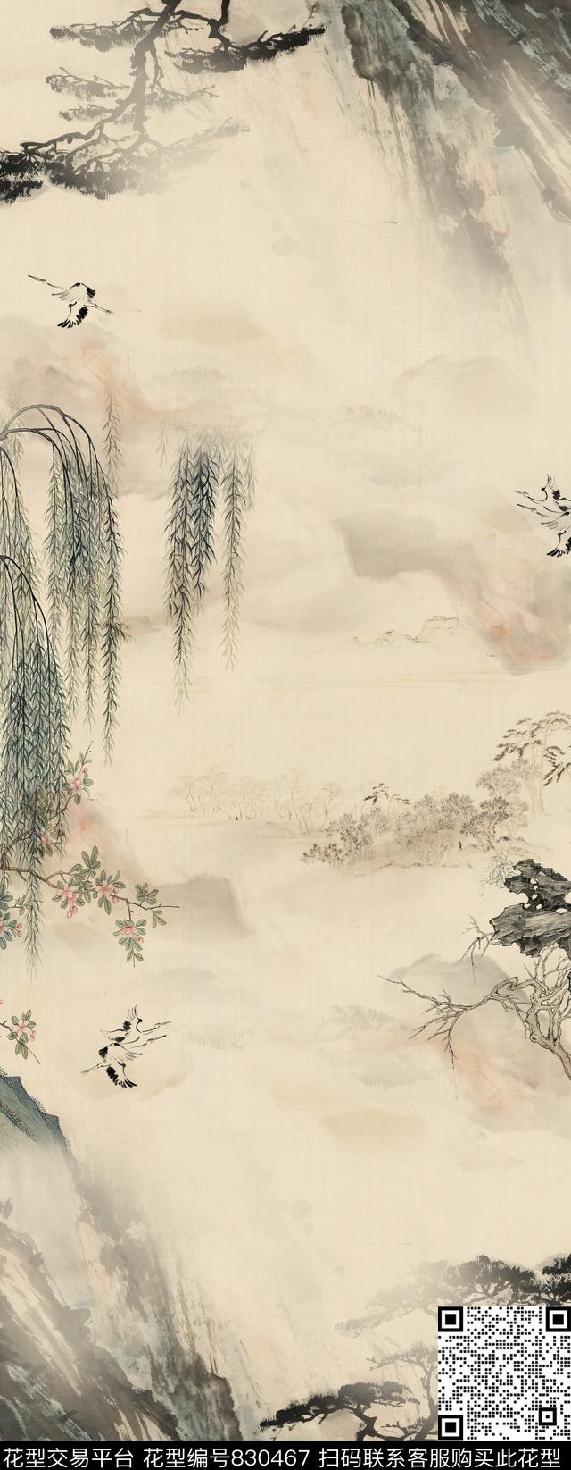水墨仙鹤山数码印花华亿平台下载（图片编号: 830467） - 瓦栏（Walan）