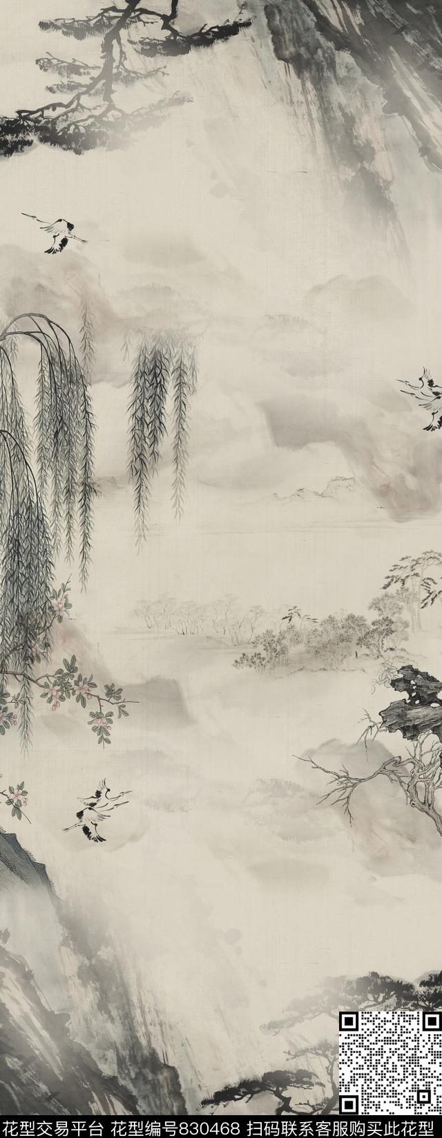 水墨仙鹤山数码印花华亿平台下载（图片编号: 830468） - 瓦栏（Walan）
