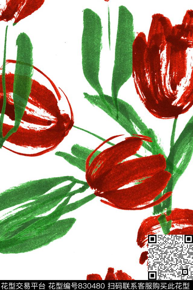 手绘水彩郁金香数码印花华亿平台下载（图片编号: 830480） - 瓦栏（Walan）
