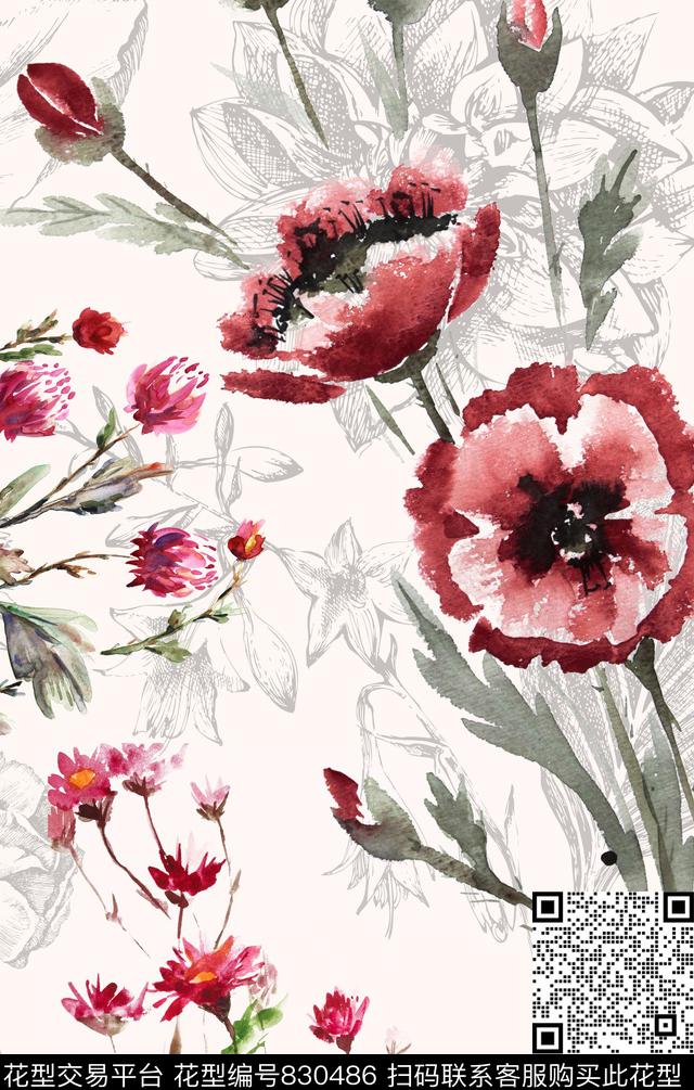 定位大朵手绘数码印花华亿平台下载（图片编号: 830486） - 瓦栏（Walan）