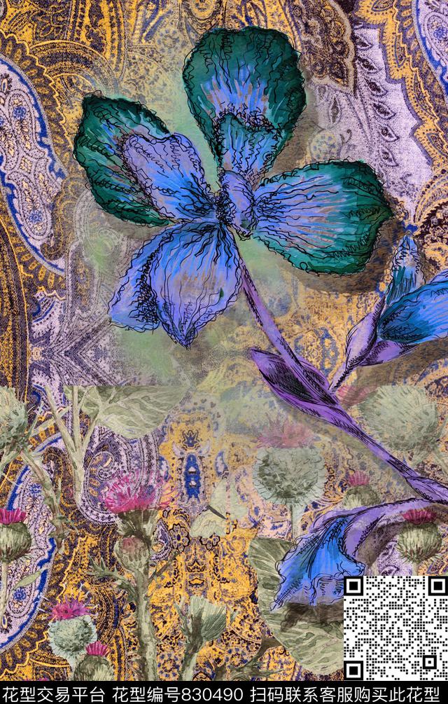 定位手绘花卉数码印花华亿平台下载（图片编号: 830490） - 瓦栏（Walan）