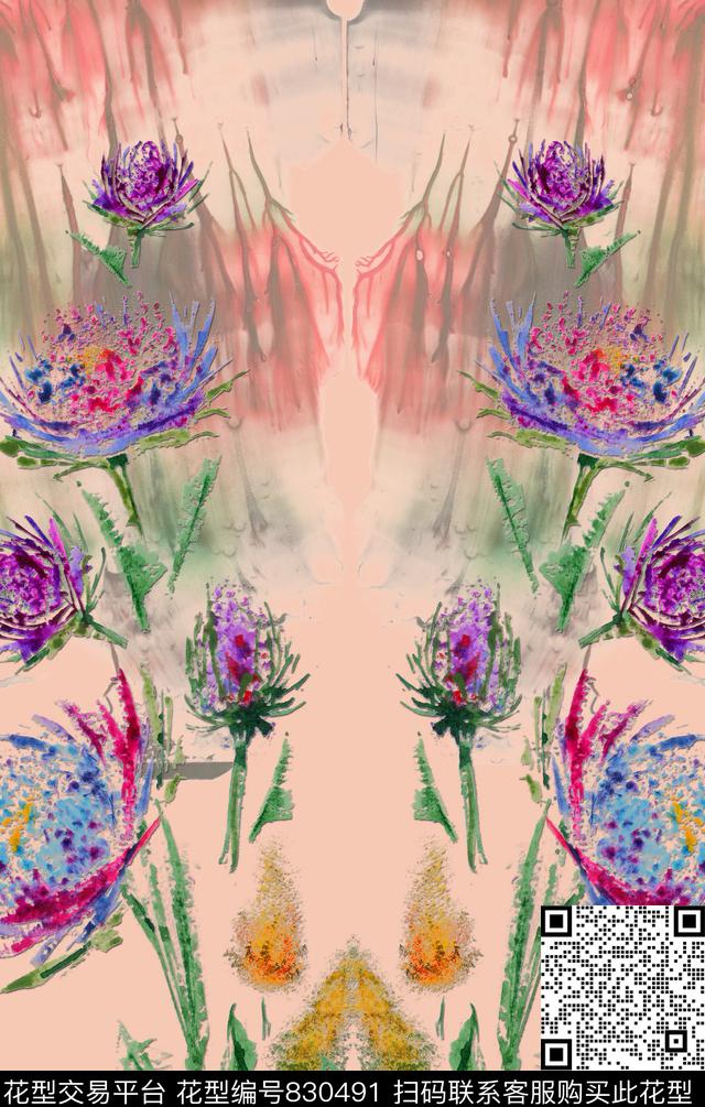 定位手绘花卉数码印花华亿平台下载（图片编号: 830491） - 瓦栏（Walan）