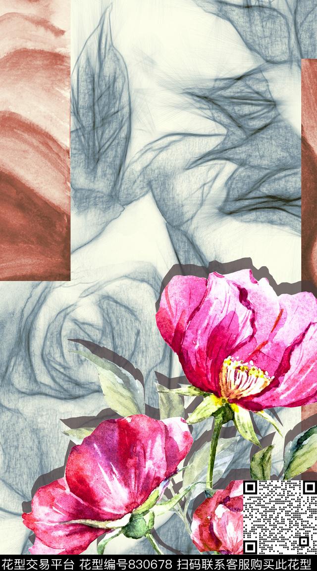 线条花水彩花肌理数码印花华亿平台下载（图片编号: 830678） - 瓦栏（Walan）