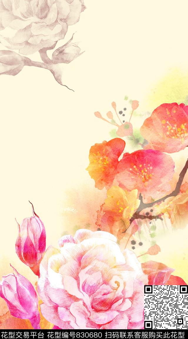 水彩花卉线条花朵数码印花华亿平台下载（图片编号: 830680） - 瓦栏（Walan）