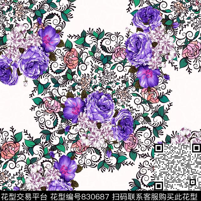 乱花花卉90方巾传统印花华亿平台下载（图片编号: 830687） - 瓦栏（Walan）