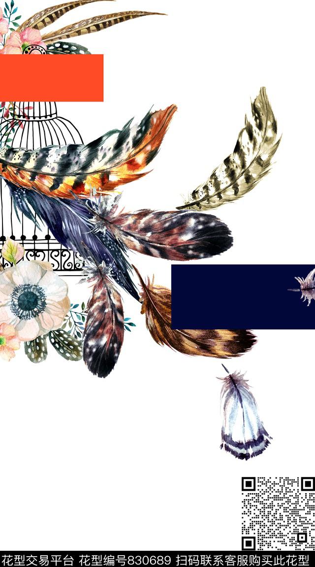 羽毛鸟笼花朵数码印花华亿平台下载（图片编号: 830689） - 瓦栏（Walan）