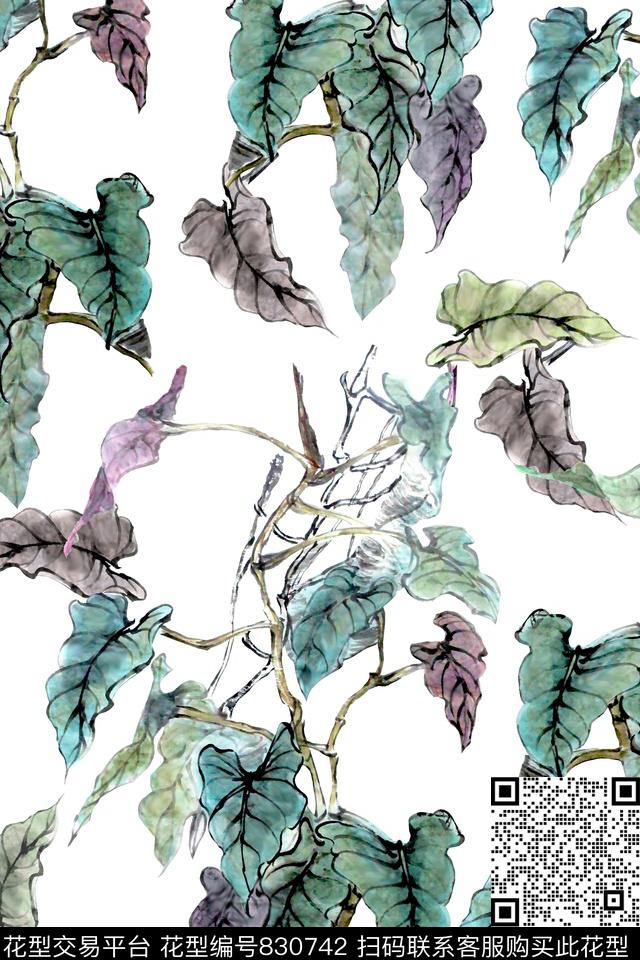 满版散花中国风国画叶子数码印花华亿平台下载（图片编号: 830742） - 瓦栏（Walan）