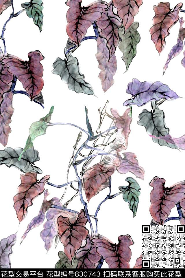 满版散花中国风国画叶子数码印花华亿平台下载（图片编号: 830743） - 瓦栏（Walan）