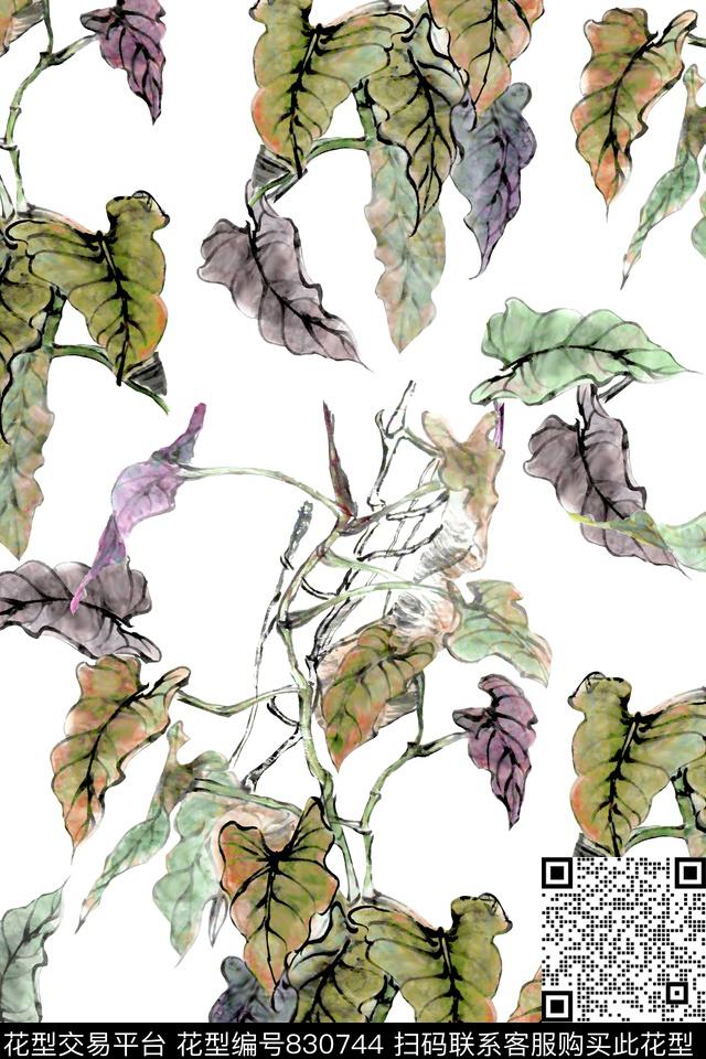 满版散花中国风国画叶子数码印花华亿平台下载（图片编号: 830744） - 瓦栏（Walan）