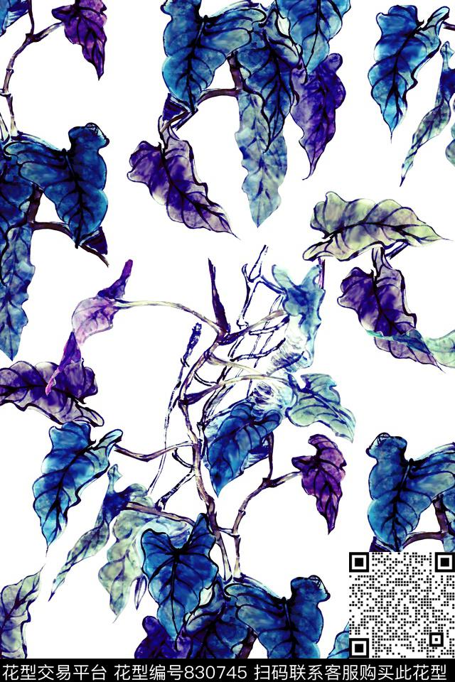 满版散花中国风国画叶子数码印花华亿平台下载（图片编号: 830745） - 瓦栏（Walan）