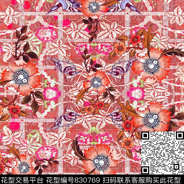 花卉鸟欧美花卉数码印花华亿平台下载（图片编号: 830769） - 瓦栏（Walan）