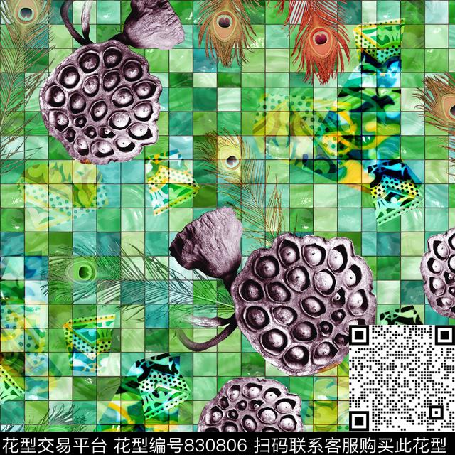 彩色莲蓬孔雀羽毛数码印花华亿平台下载（图片编号: 830806） - 瓦栏（Walan）