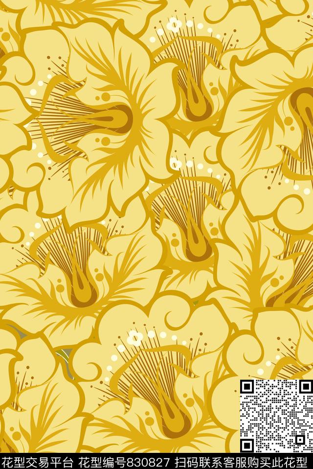 大花花朵花卉传统印花华亿平台下载（图片编号: 830827） - 瓦栏（Walan）