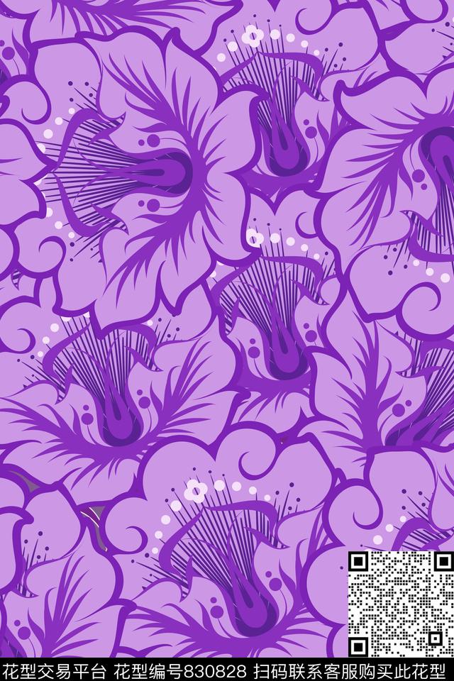 大花花朵花卉传统印花华亿平台下载（图片编号: 830828） - 瓦栏（Walan）