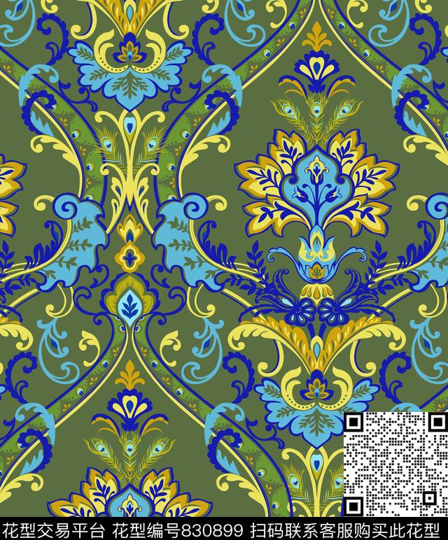 大马士革花朵花卉传统印花华亿平台下载（图片编号: 830899） - 瓦栏（Walan）