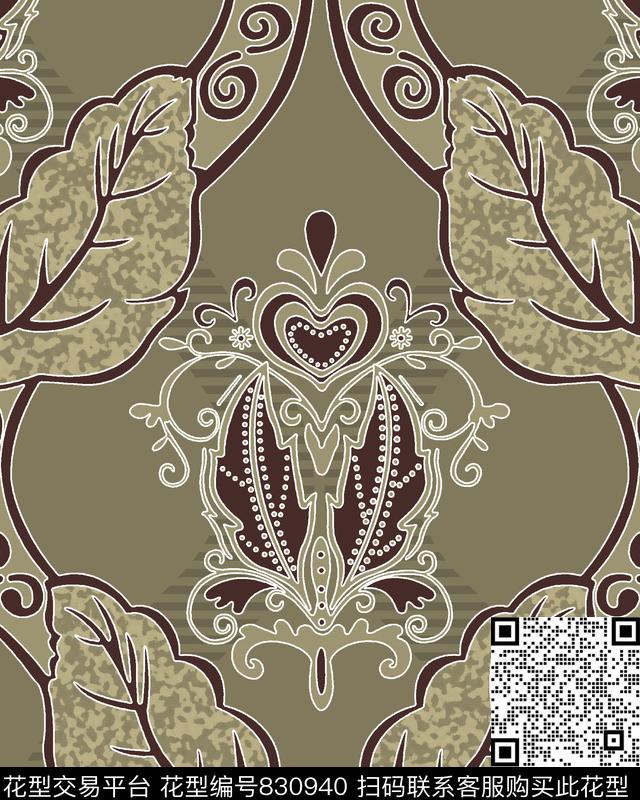 大马士革花卉古典数码印花华亿平台下载（图片编号: 830940） - 瓦栏（Walan）