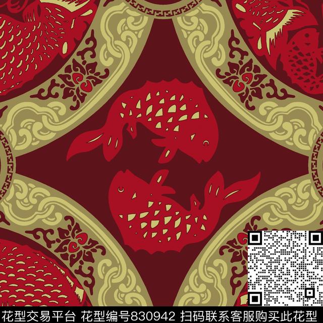 中式剪纸鲤鱼花卉数码印花华亿平台下载（图片编号: 830942） - 瓦栏（Walan）