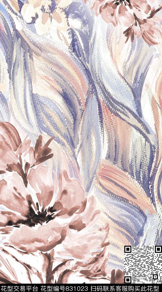 笔触花卉水彩数码印花华亿平台下载（图片编号: 831023） - 瓦栏（Walan）
