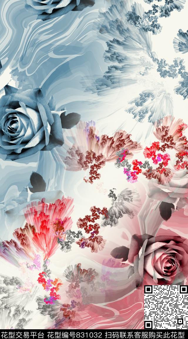 花朵抽象玫瑰花数码印花华亿平台下载（图片编号: 831032） - 瓦栏（Walan）