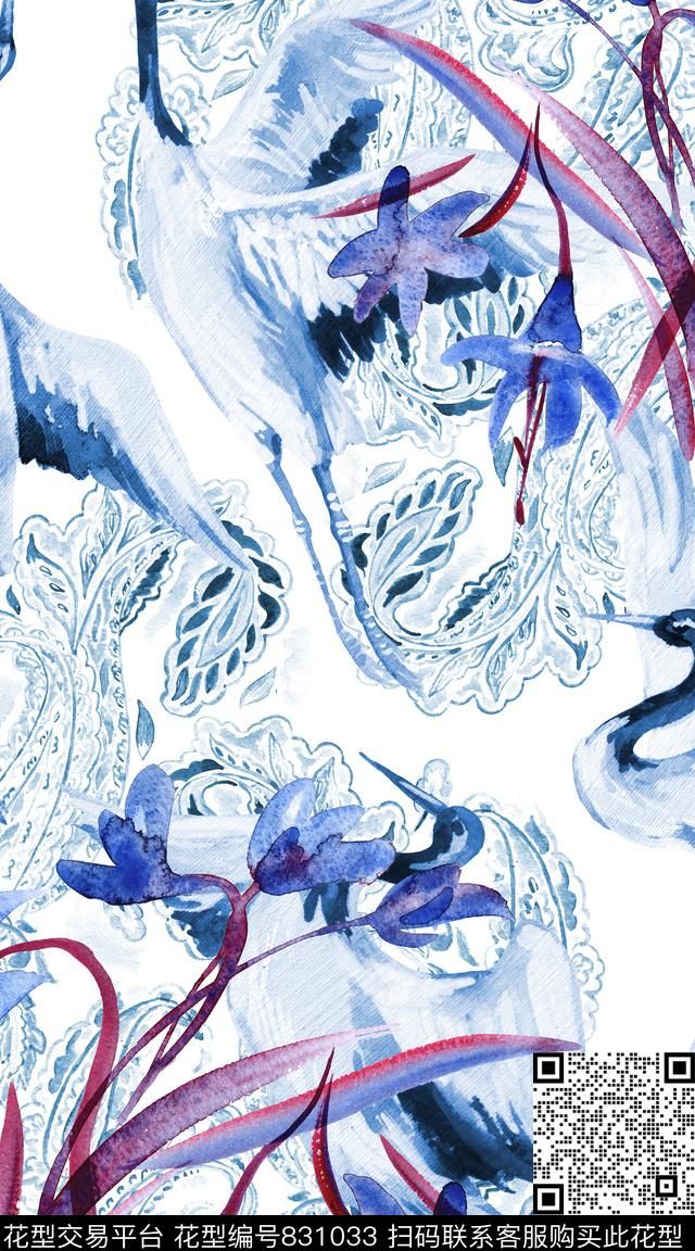 花卉枝条佩兹利纹数码印花华亿平台下载（图片编号: 831033） - 瓦栏（Walan）