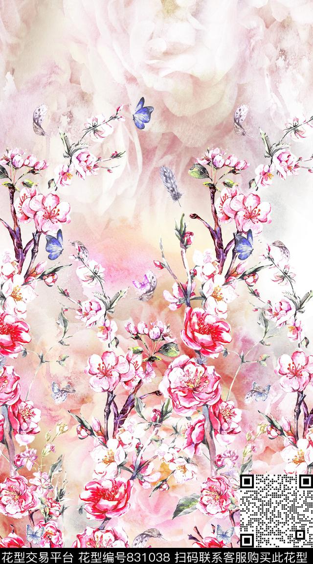 水彩纹理花卉桃花数码印花华亿平台下载（图片编号: 831038） - 瓦栏（Walan）