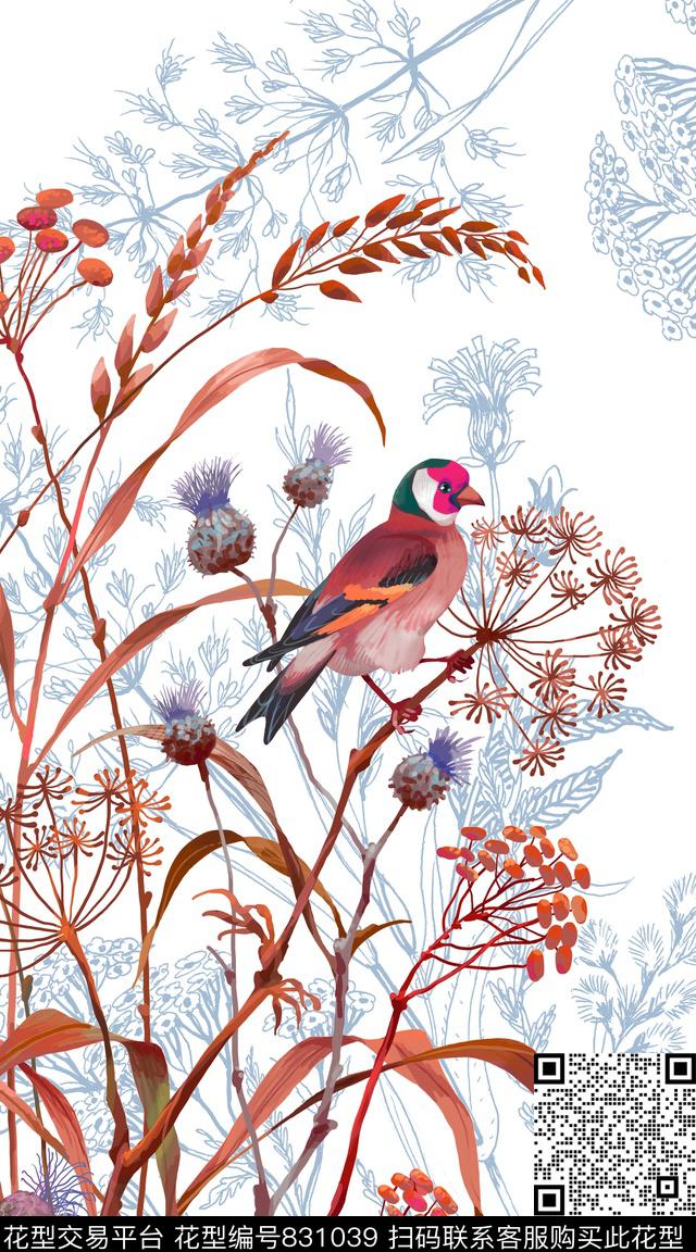 线描水彩花卉数码印花华亿平台下载（图片编号: 831039） - 瓦栏（Walan）