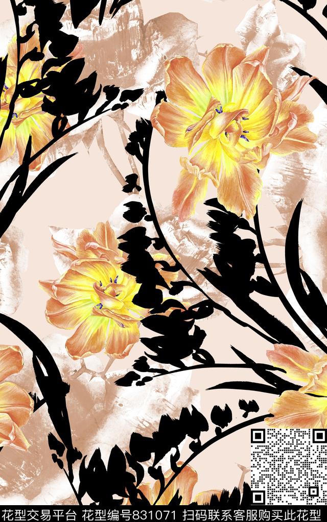 斑驳水彩肌理花朵数码印花华亿平台下载（图片编号: 831071） - 瓦栏（Walan）