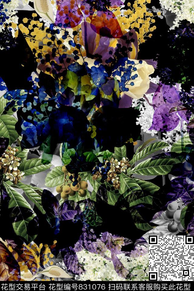 花朵花卉黑底数码印花华亿平台下载（图片编号: 831076） - 瓦栏（Walan）
