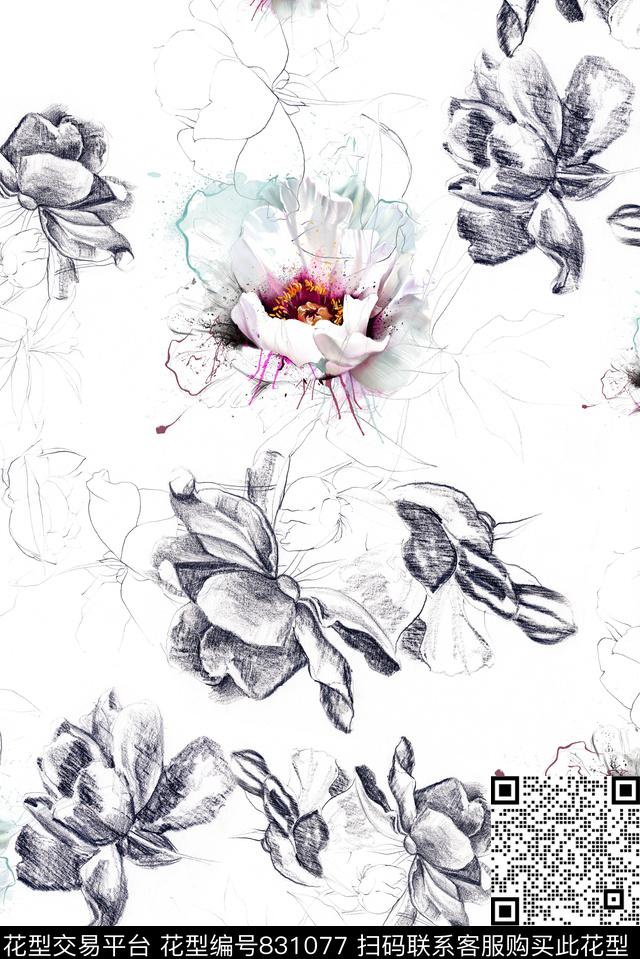 素描线描花卉数码印花华亿平台下载（图片编号: 831077） - 瓦栏（Walan）
