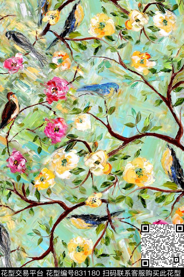 油画花鸟树枝数码印花华亿平台下载（图片编号: 831180） - 瓦栏（Walan）