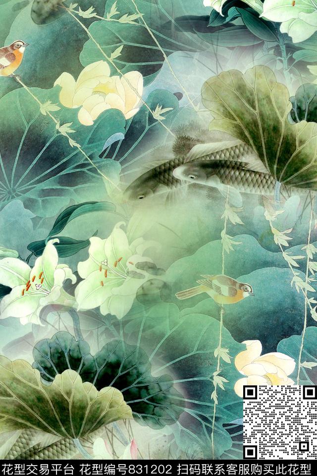 中国风荷叶荷花数码印花华亿平台下载（图片编号: 831202） - 瓦栏（Walan）