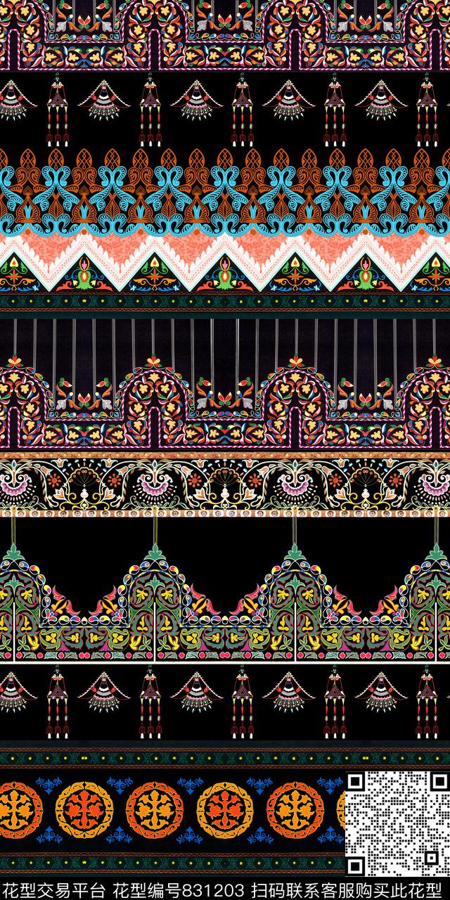 民族风条纹花卉数码印花华亿平台下载（图片编号: 831203） - 瓦栏（Walan）