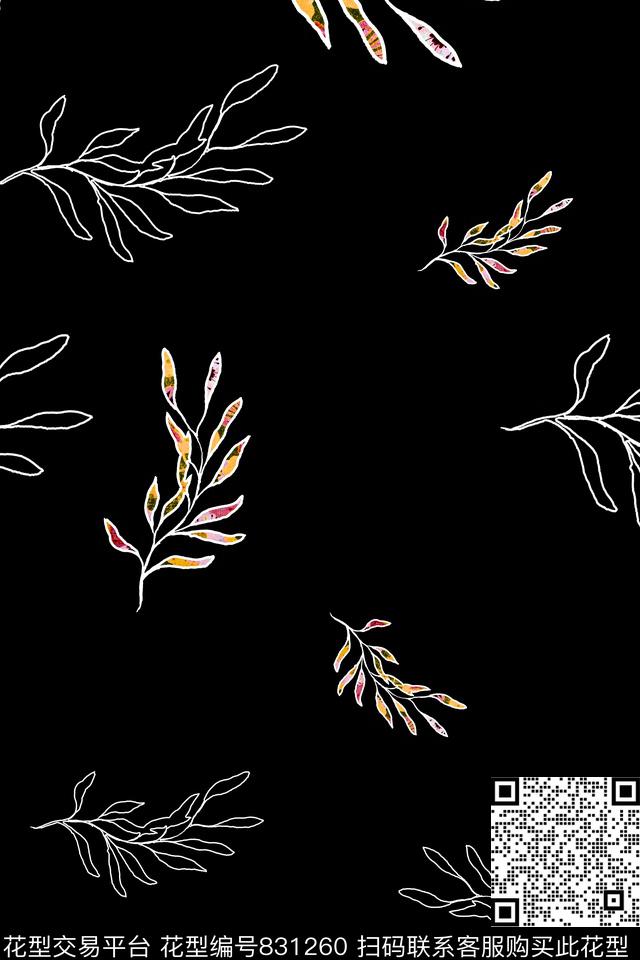 白色趣味叶子数码印花华亿平台下载（图片编号: 831260） - 瓦栏（Walan）