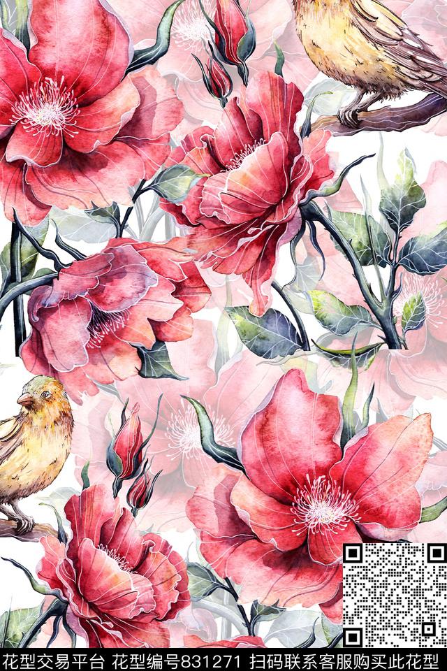 花鸟花朵手绘数码印花华亿平台下载（图片编号: 831271） - 瓦栏（Walan）