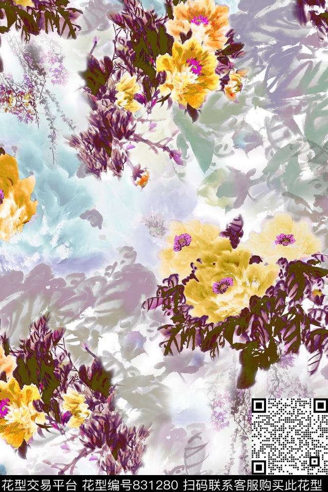 中国风水墨叶子国画叶子数码印花华亿平台下载（图片编号: 831280） - 瓦栏（Walan）