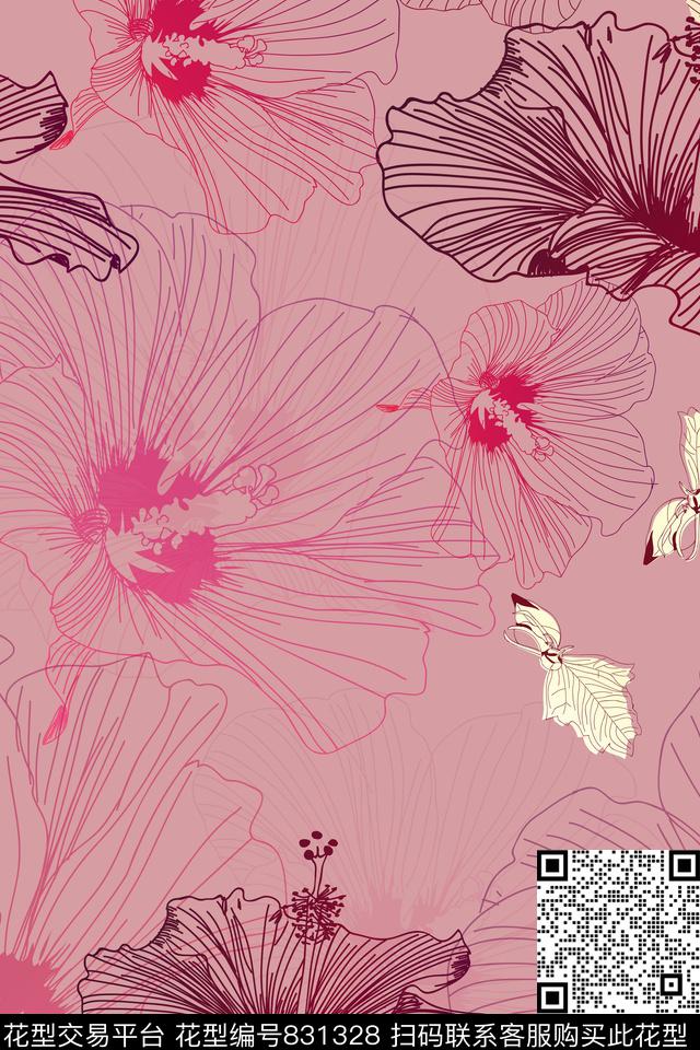 大花花朵花卉传统印花华亿平台下载（图片编号: 831328） - 瓦栏（Walan）